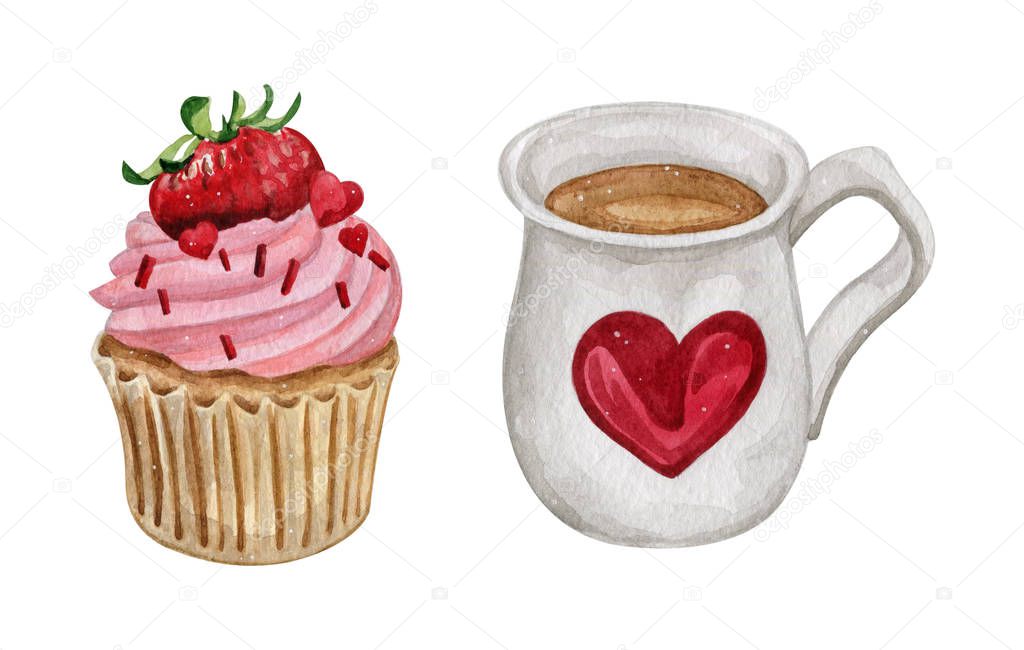 Watercolor illustration of sweet and tasty cupcakes with cream Delicious food illustration.