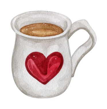 Suluboya kahve fincanı, kırmızı kalpli çikolata.
