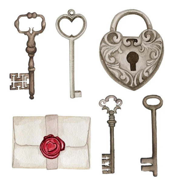 Eski kilit ve anahtarların suluboya çizimi 