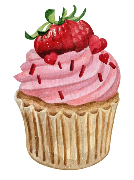 Aquarell Illustration von süßen und leckeren Cupcakes mit Sahne leckeres Essen Illustration. — Stockfoto