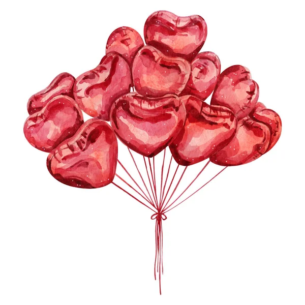 붉은 풍선의 심장 모양을 그린 물색 삽화 — 스톡 사진