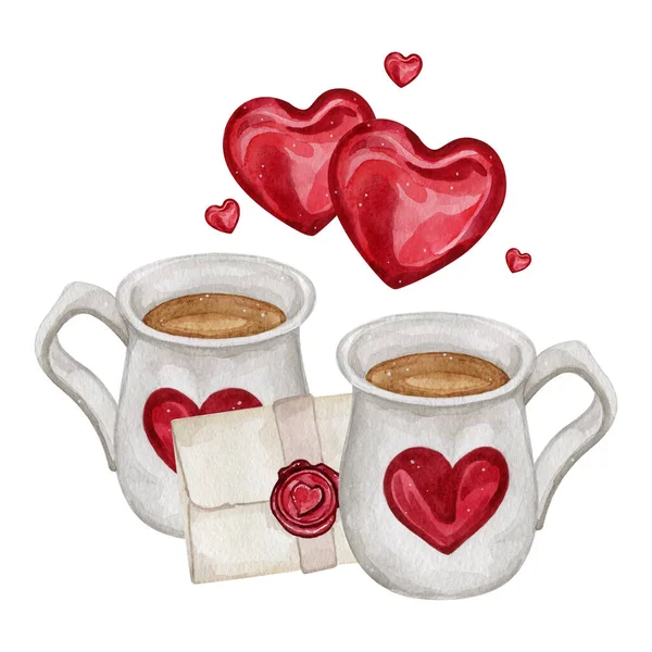 Aquarell-Illustration von zwei Tassen Kaffee für Datum — Stockfoto