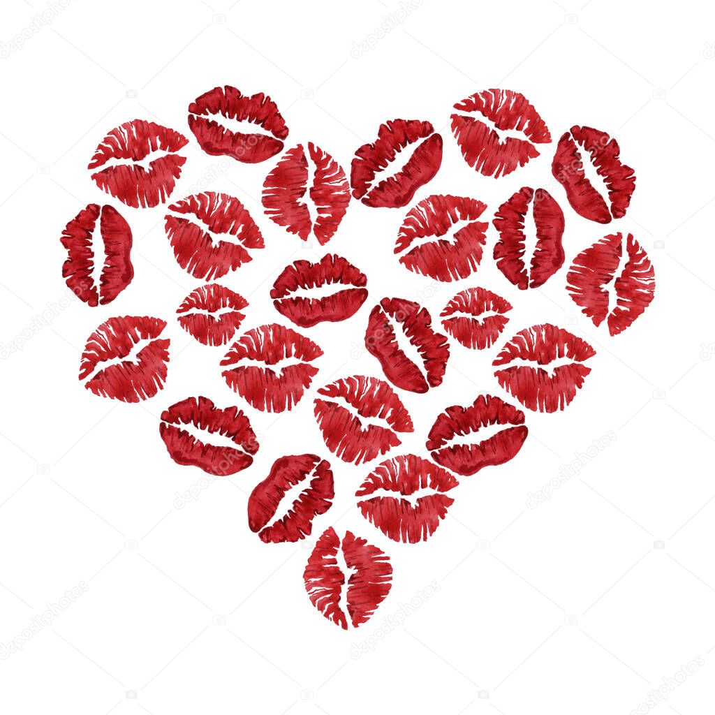 Watercolor illustration of kisses with red lipstick for Valentines day
