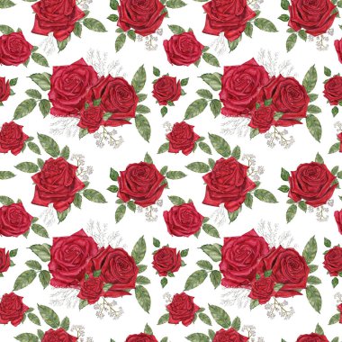 Kırmızı kadife güllerle suluboya kusursuz desen