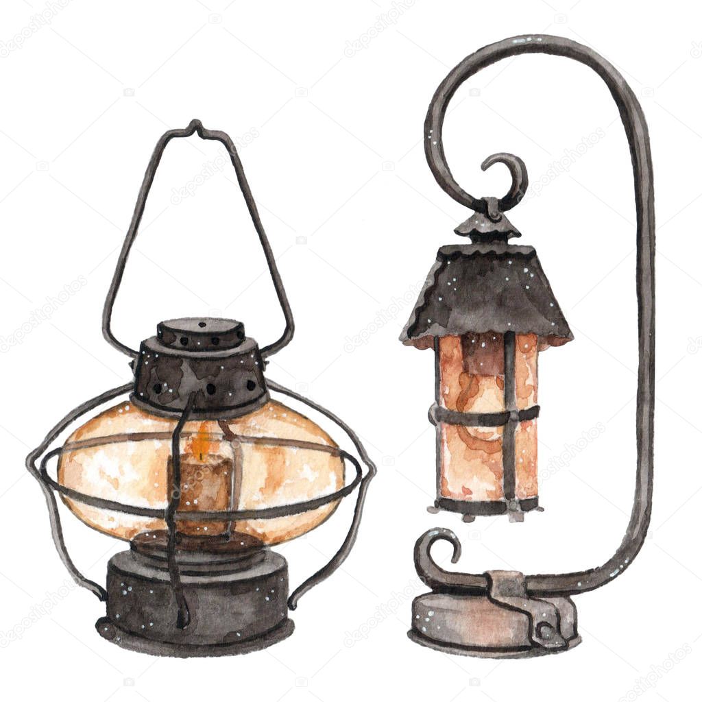 Watercolor street light lamp with fire from candle in it.