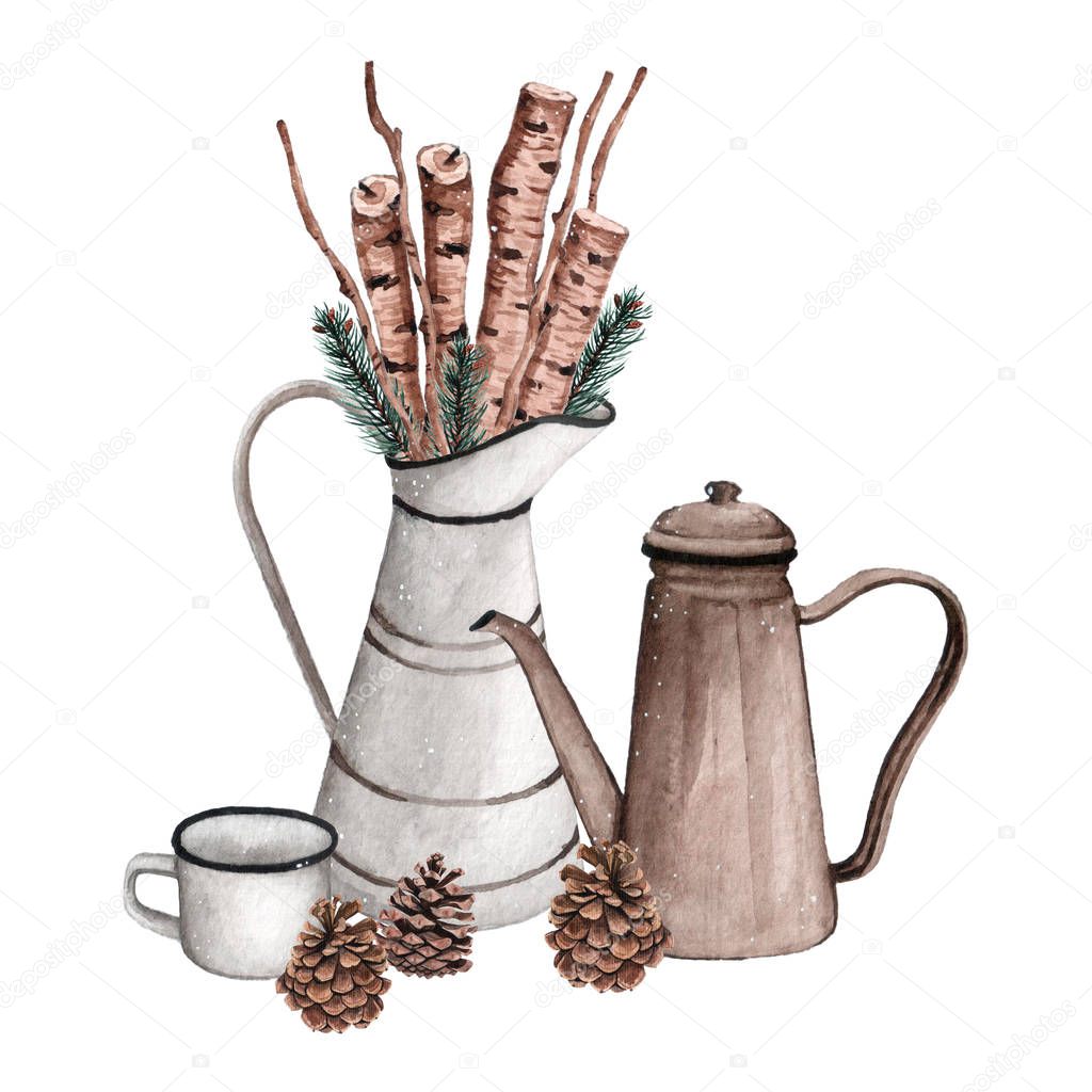 Arrangement of a bouquet of wooden firewood, twigs in an iron jug, a brown teapot and an enamelled cup with fir branches