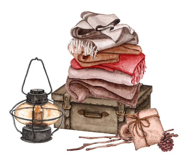 Zusammensetzung des Koffers, Decken darauf, Geschenke und Straßenlaternen in seiner Nähe — Stockfoto