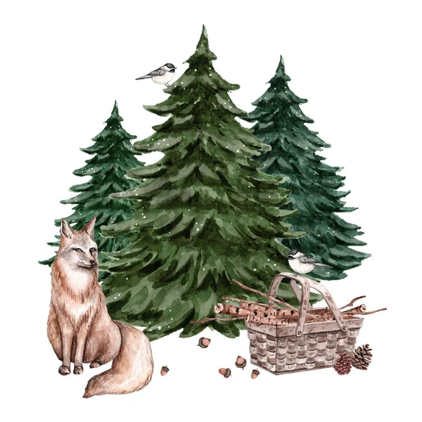 Köknar ağaçlarının önünde kızıl tilki, ahşap frenler ve odun ağaçlarıyla dolu sepet.