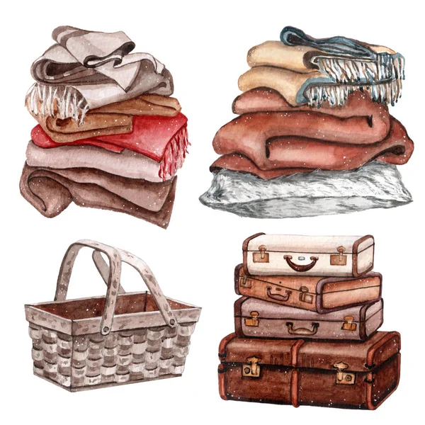 Set acquerello di oggetti caldi e accoglienti valigia vintage pidocchi, morbide coperte per l'inverno e cesto di legno — Foto Stock