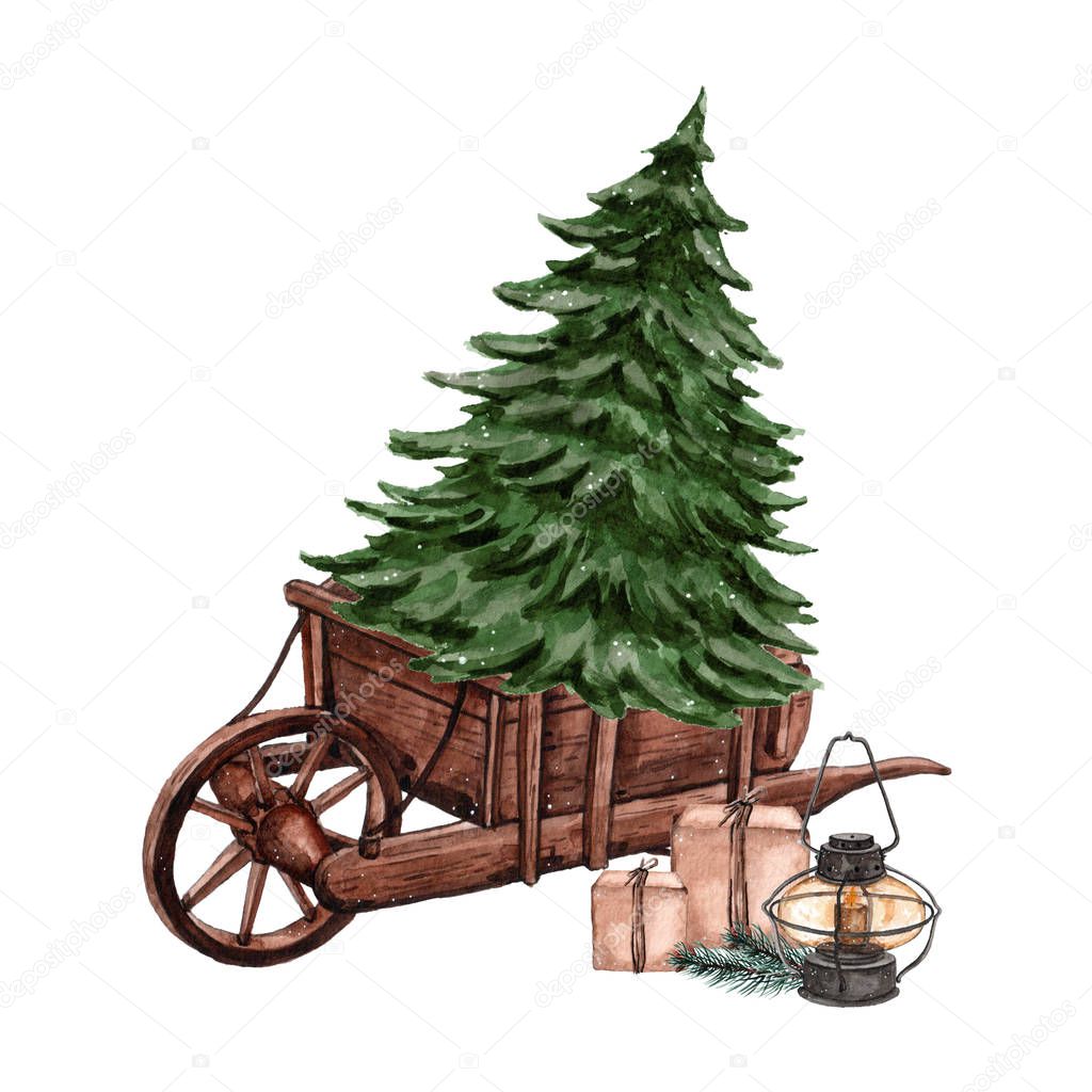 Watercolor wheelbarrow with christmas tree on it