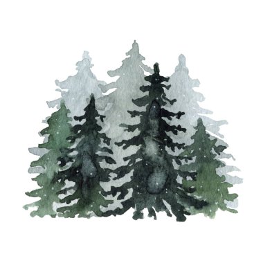 Suluboya kış kar manzarası köknar ağaçları ile yeşil orman