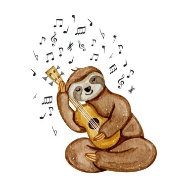 Suluboya el beyaz arka planda izole edilmiş gitar ile sevimli tembel hayvan çizdi. 