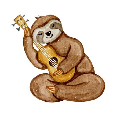 Suluboya el beyaz arka planda izole edilmiş gitar ile sevimli tembel hayvan çizdi