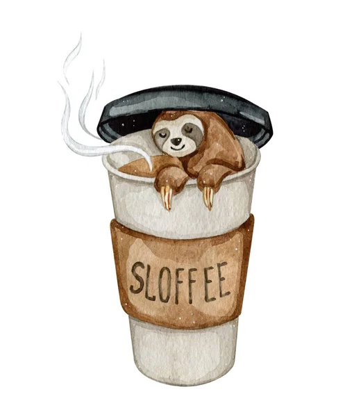Suluboya el, beyaz arka planda izole edilmiş kahve fincanındaki şirin tembel hayvanı çizdi. — Stok fotoğraf