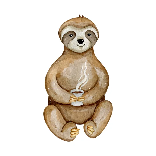 Watercolor hand drawn cute sloth with cup of coffee isolated on white background — Stock Photo, Image