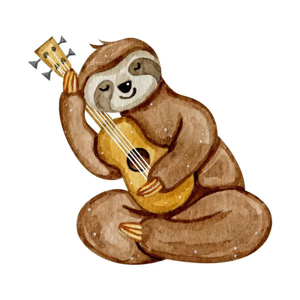 Watercolor hand drawn cute sloth with ukulele guitar isolated on white background — Stock Photo, Image