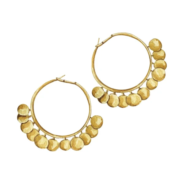 Illustrazione ad acquerello di accessori moda ciondolo dorato e orecchini — Foto Stock