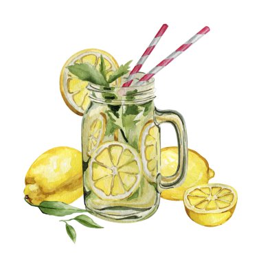 Yaz kokteyllerinin suluboya çizimi limonata