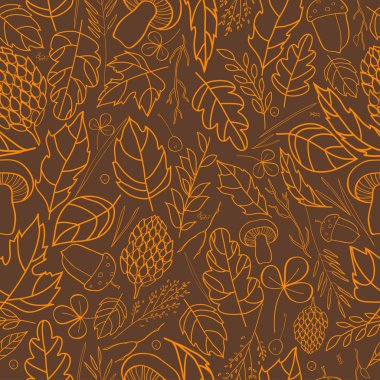 Vektör desen sonbahar yaprakları, çilek, çim bıçaklar, koniler, meşe palamutları sonbahar elemanlar ve şablonları. ışık kahverengi, koyu kahverengi zemin üzerine turuncu. sonbahar hipster arka plan. Parlak desen. Sonbahar