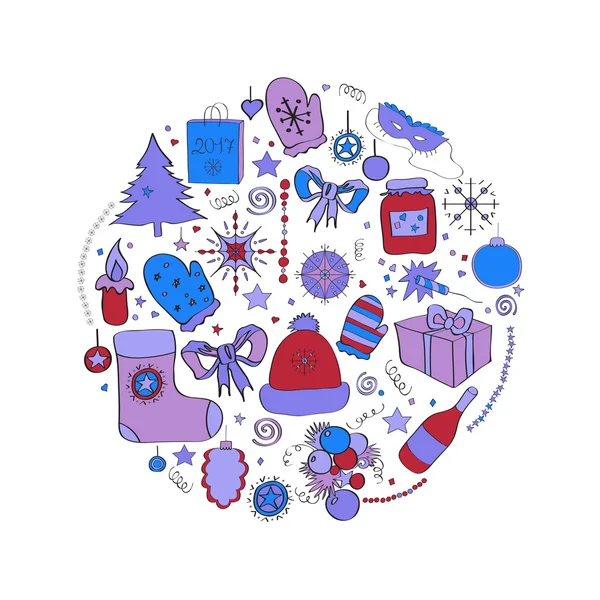Ilustración vectorial Conjunto de símbolos navideños y elementos individuales para tarjetas navideñas, carteles, invitaciones. tonos azul púrpura y rojo . — Archivo Imágenes Vectoriales