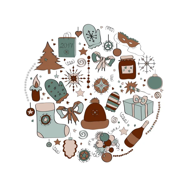 Ilustración vectorial Conjunto de símbolos navideños y elementos individuales para tarjetas navideñas, carteles, invitaciones. tonos grises y marrones . — Archivo Imágenes Vectoriales