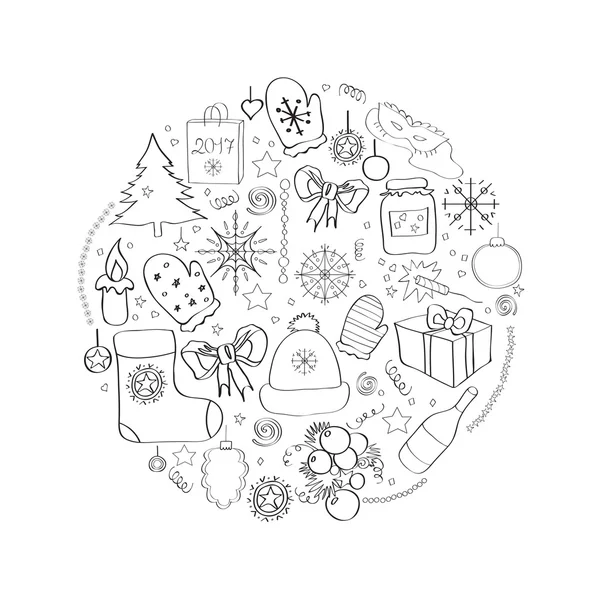 Ilustración vectorial Conjunto de símbolos navideños y elementos individuales para tarjetas navideñas, carteles, invitaciones. circuito de línea en blanco y negro . — Archivo Imágenes Vectoriales