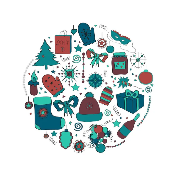 Ilustración, vectores, símbolos navideños, elementos individuales para tarjetas navideñas, carteles, invitaciones. rojo azul y gris, colores fríos — Archivo Imágenes Vectoriales