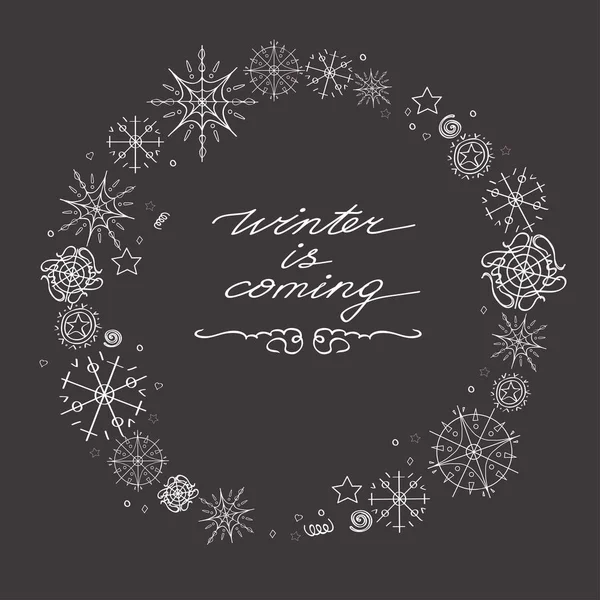 Illustration, vector frame, the white line on gray-brown background. Set of winter elements and festive Christmas characters, snowflakes. Inscription Winter is coming — Stock Vector