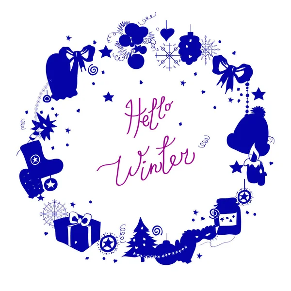 Illustration, Vektorrahmen, blaue Silhouette auf weißem Hintergrund. Set aus winterlichen Elementen und festlichen Weihnachtsfiguren. Bildunterschrift: Hallo Winter — Stockvektor