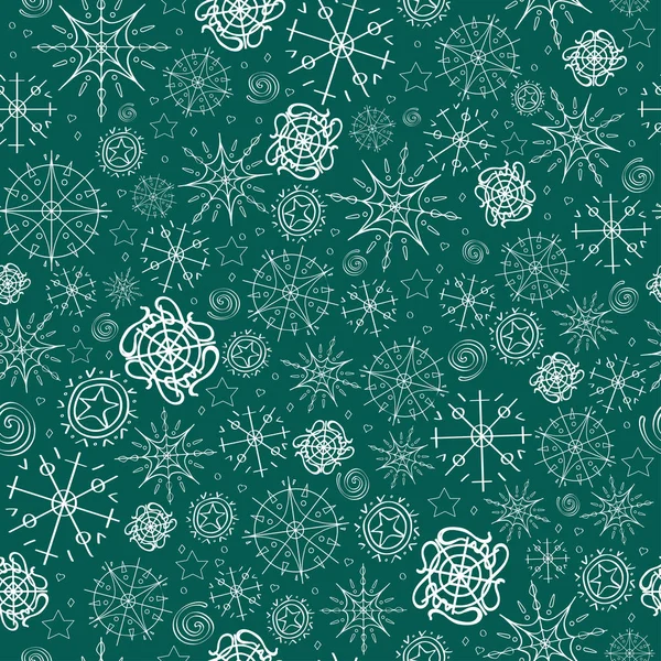 Illustration, motif vectoriel. image de flocons de neige, hiver. fond bleu-vert, contour blanc pour les cartes de Noël, emballage, salutations . — Image vectorielle