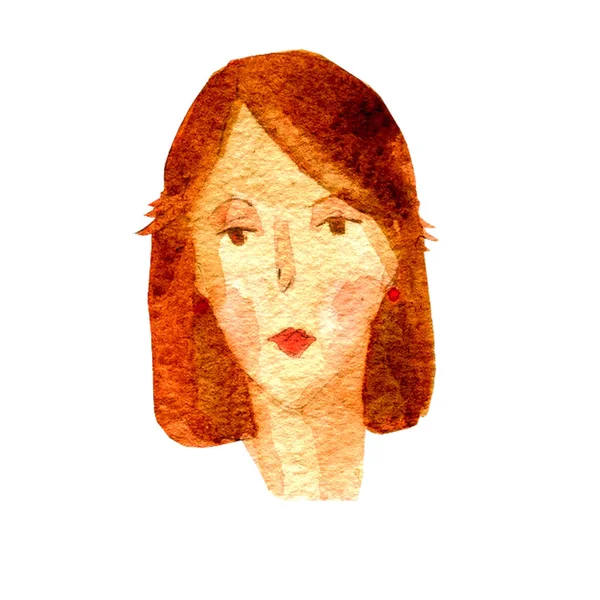 Ilustração a aquarela de uma imagem de cara, um retrato de mulher de cabelos castanhos . — Fotografia de Stock