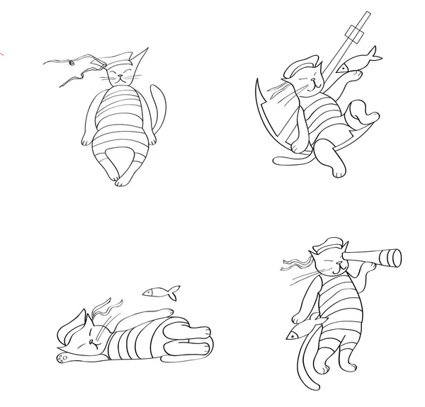 Vektor-Bild, setzen Sie die Matrosen Katzen. Schwarz-Weiß-Linie. Logo, Element, Charakter. — Stockvektor