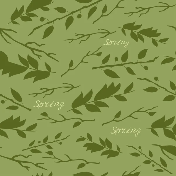 Ilustração vetorial, padrão com imagem de folhas e galhos e a inscrição Primavera sobre fundo verde — Vetor de Stock