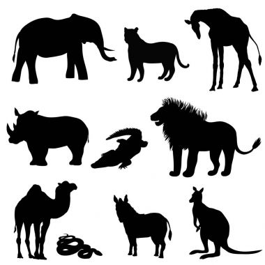 Vektör çizim, hayvanlar, hayvanlar görüntüsünü. Siyah siluet. Fil, kanguru, deve, aslan, zebra, Gergedan, zürafa, yılan, timsah ve kaplan