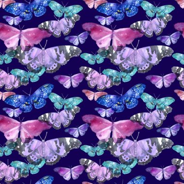 Koyu bir mor adam mavi ve mor renk şeffaf kelebekler görüntü ile suluboya desen