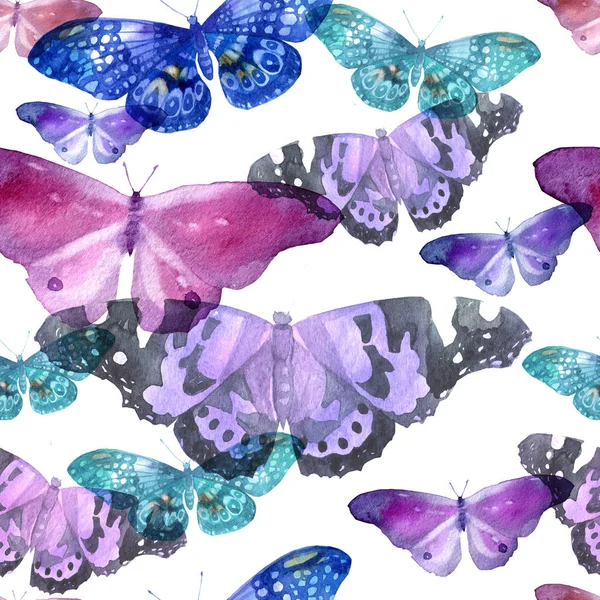 Akwarela wzór z wizerunkiem przezroczyste motyle w niebieskie i fioletowe kolory na białym tle — Zdjęcie stockowe