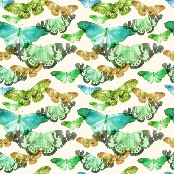 Watercolor pattern with the image of transparent butterflies in blue, green and ocherous colors on a beige background — Stock Photo, Image