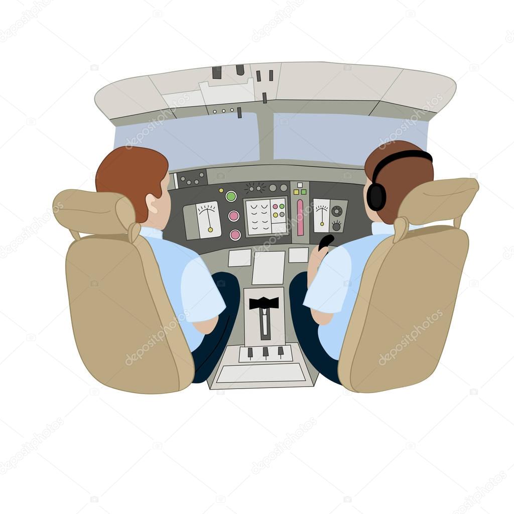 Vector illustration depicting pilots in an airplane from the back