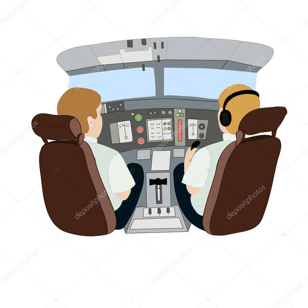 Vector illustration depicting pilots in an airplane from the back