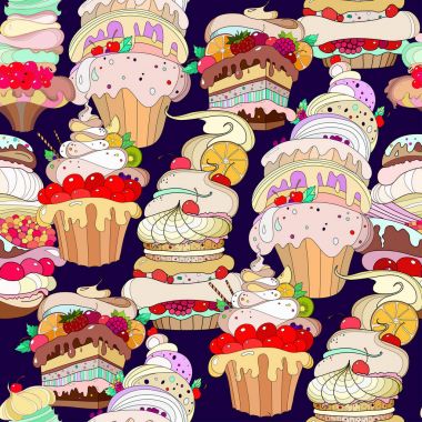 Vektör desen. Koyu mor arka plan üzerinde harika hamur işleri gösteren resim