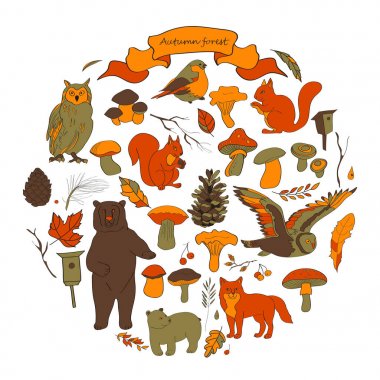  yaprakları, dalları, meyveler, çiçekler, hayvanlar ve kuşlar, sonbahar öğeleri, ayı, sincap, tilki, baykuş görüntü ile ayarlayın. Kahverengi, turuncu, kırmızı, gri tonları, vektör.