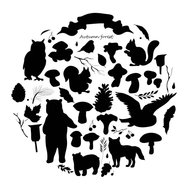 Σετ με την εικόνα του φύλλα, κλαδιά, μούρα, λουλούδια, ζώα και πουλιά, φθινόπωρο στοιχεία, αρκούδα, σκίουροι, αλεπού, κουκουβάγια. Μαύρο και άσπρο — Διανυσματικό Αρχείο