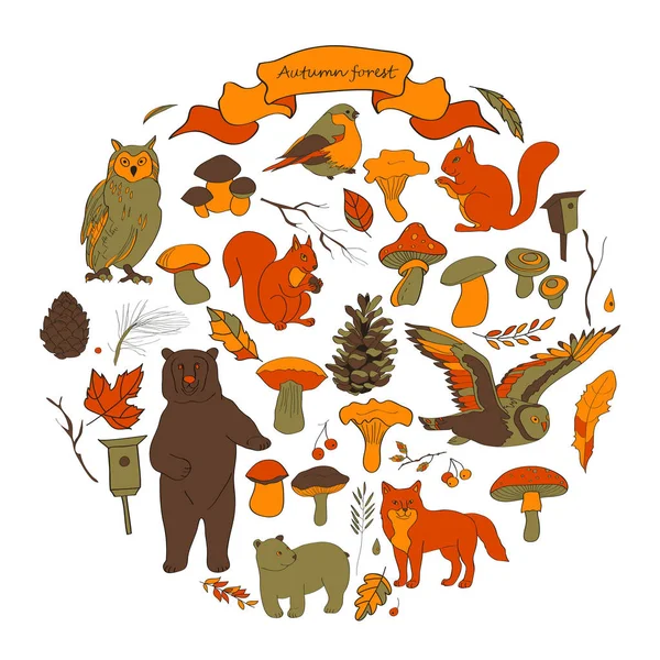  yaprakları, dalları, meyveler, çiçekler, hayvanlar ve kuşlar, sonbahar öğeleri, ayı, sincap, tilki, baykuş görüntü ile ayarlayın. Kahverengi, turuncu, kırmızı, gri tonları, vektör.
