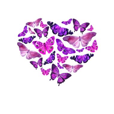 Suluboya kalp Menekşe tonları parlak şeffaf kelebekler ile dolu.