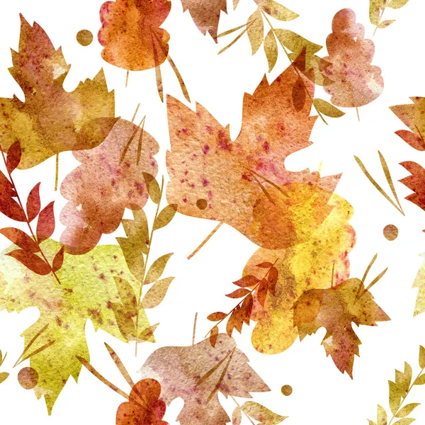Watercolor autumn pattern from leaves of different shapes of autumn elements and patterns. Red, yellow, brown on a white background. Autumn hipster background. Bright pattern. Autumn template.