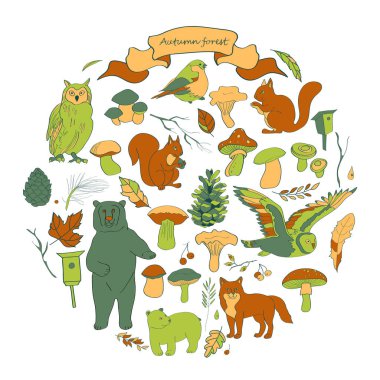 Sulu boya resim, yapraklar, dallar, çilek, çiçekler, hayvanlar ve kuşlar, sonbahar öğeleri görüntü ile ayarla, ayı, sincap, tilki, baykuş. Kahverengi, turuncu, yeşil, bej, koyu sarı, gri tonları, vecto