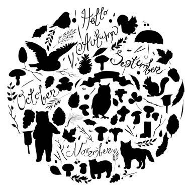 illüstrasyon, yapraklar, dallar, çilek, çiçekler, hayvanlar ve kuşlar, sonbahar öğeleri görüntü ile ayarla, ayı, sincap, tilki, baykuş. Siyah ve beyaz siluet, vektör.