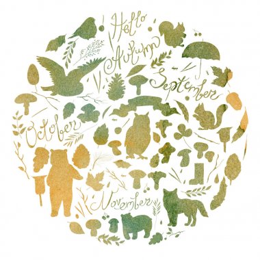 Sulu boya resim, yapraklar, dallar, çilek, çiçekler, hayvanlar ve kuşlar, sonbahar öğeleri görüntü ile ayarla, ayı, sincap, tilki, baykuş. Koyu sarı, turuncu, gri, kahverengi suluboya doku.