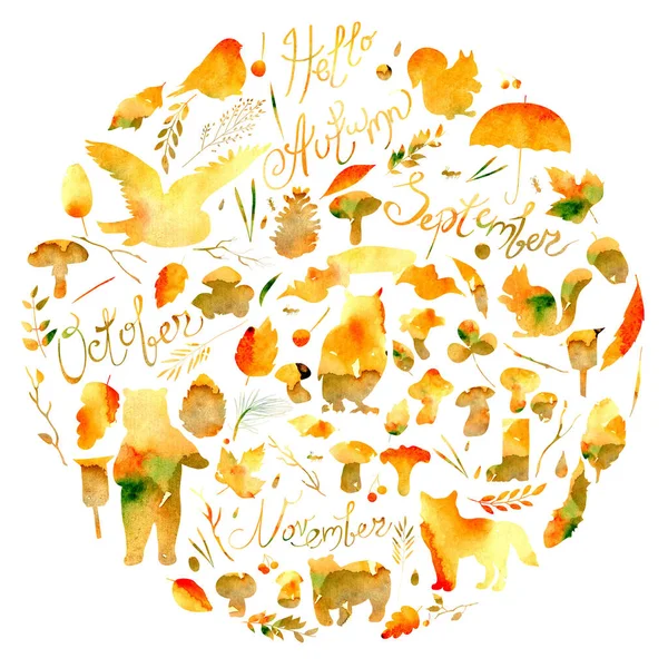 水彩插图，用叶、 枝、 浆果、 花、 动物和鸟，秋 tg 1elements、 熊、 松鼠、 狐狸，猫头鹰图像设置。水彩纹理的红色，勃艮第，棕色黄色, — 图库照片