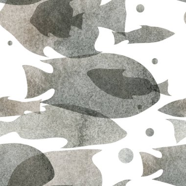 Sulu boya resim. Desen gri gölgeli balık şeffaf siluetleri